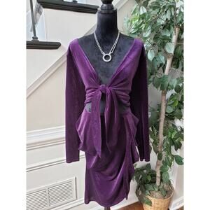 FTF Lab Knee Length Dress Women's 2X Purple Glitter Shimmer Long Sleeve Tie